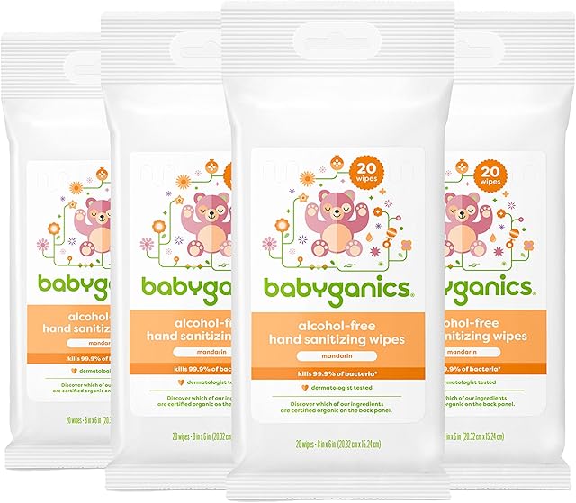 Babyganics Alcohol-Free Hand Sanitizing Wipes, Mandarin, Kills 999% of Common Bacteria, Moisturizing, 80 ct (20 count, 4 pack), Packaging May Vary