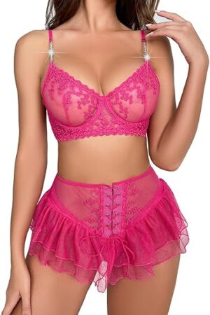 Babydoll Lingerie Set Women Sexy Sheer Lace Bra & Thong & Mini Skirt 3 Piece Teddy Lace Up Chemise Nightwear Outfits