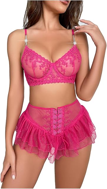 Babydoll Lingerie Set Women Sexy Sheer Lace Bra & Thong & Mini Skirt 3 Piece Teddy Lace Up Chemise Nightwear Outfits