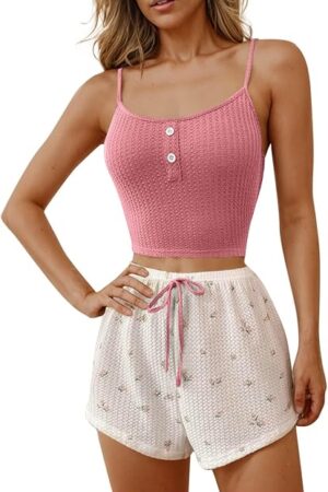 Women Waffle Knit Cami Pajamas Sets Floral Print Shorts Sleepwear Sexy Button Pjs Sets Summer Nightwear
