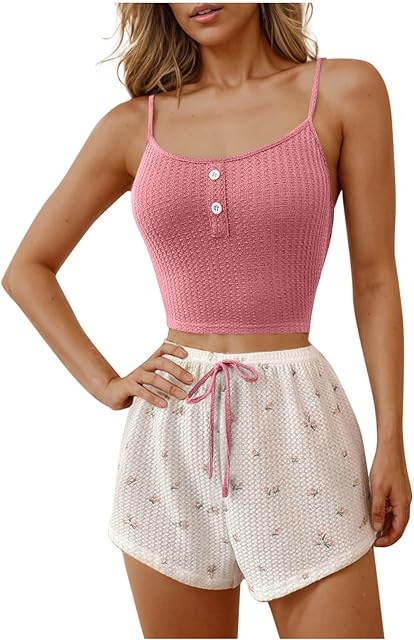 Women Waffle Knit Cami Pajamas Sets Floral Print Shorts Sleepwear Sexy Button Pjs Sets Summer Nightwear
