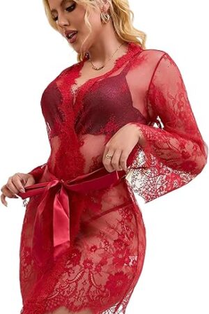 Women Kimono Sheer Mesh Robe Sexy Eyelash Lace Long Sleeve Short Nightgown Cover Up With Thong Tulle Robe Set