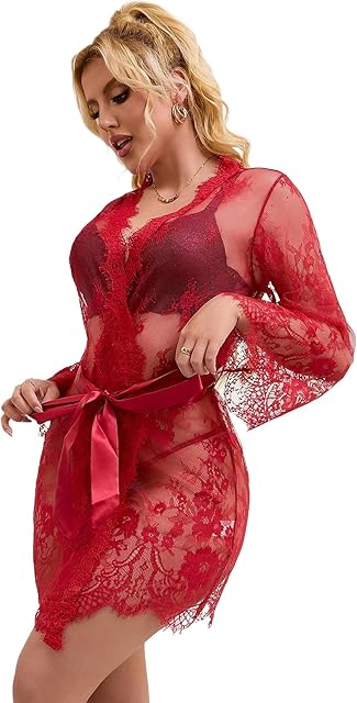 Women Kimono Sheer Mesh Robe Sexy Eyelash Lace Long Sleeve Short Nightgown Cover Up With Thong Tulle Robe Set