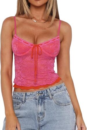 Women Y2k Lace Mesh Camisole Spaghetti Strap Tie Front Tank Summer Going Out Crop Tops Sexy Cami Bustier Shirt