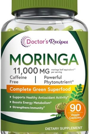 Doctor's Recipes Moringa 11,000 mg Strength, Complete Green Superfood, Natural Antioxidant Support, Non-GMO, 90 Vegan Caps, No Caffeine Soy Gluten
