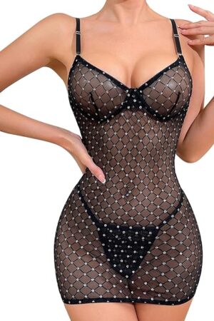 Womens Rhinstone Fishnet Lingerie Sexy See Through Strappy Lingerie Dress G String Exotic 2 Piece Lingerie Set