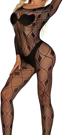 Women Fishnet One Piece Lingerie Crewneck Lace Bodystocking Sexy Sheer Mesh Bodysuit Hollow Out Babydoll Nightwear