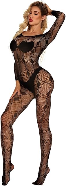 Women Fishnet One Piece Lingerie Crewneck Lace Bodystocking Sexy Sheer Mesh Bodysuit Hollow Out Babydoll Nightwear