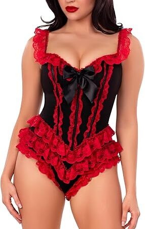 Women's Ruffle Bodysuit with Boning Sexy Halloween Costumes for Women Adult Sexy Bodysuit Lingerie Perfect for Burlesque or Vegas Showgirl Costume, Black/Red, Large