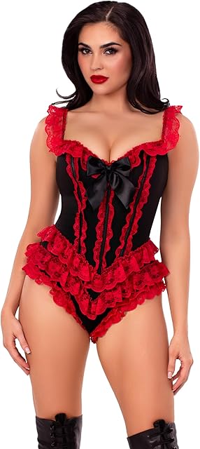 Women's Ruffle Bodysuit with Boning Sexy Halloween Costumes for Women Adult Sexy Bodysuit Lingerie Perfect for Burlesque or Vegas Showgirl Costume, Black/Red, Large