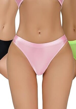 Womens Shiny Oil Thongs Low Rise Glossy Briefs Seamless Sheer Smooth Tanga Panties Underwear for Club Party 3PC