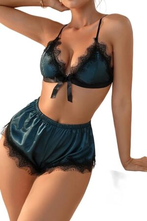 Women's Lace Satin Lingerie Set Bow Wireless Bra and Shorts Sleepwear
