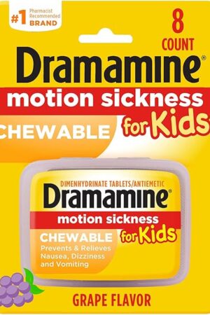 Dramamine Motion Sickness for Kids, Chewable, Dye Free, Grape Flavored, 8 Count