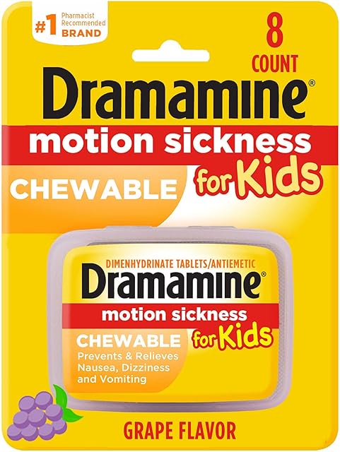Dramamine Motion Sickness for Kids, Chewable, Dye Free, Grape Flavored, 8 Count