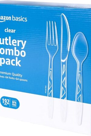 Amazon Basics Disposable Clear Assorted Cutlery Set, Premium Quality, 192 Count, Large Combo Pack Forks, Spoon and Knives