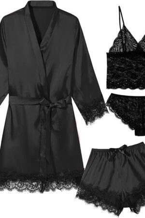 Womens Lingeries Silk Pajamas Robes Set 4 Pcs Sexy Pjs Cami Shorts Satin Sleepwear Lace Loungewear