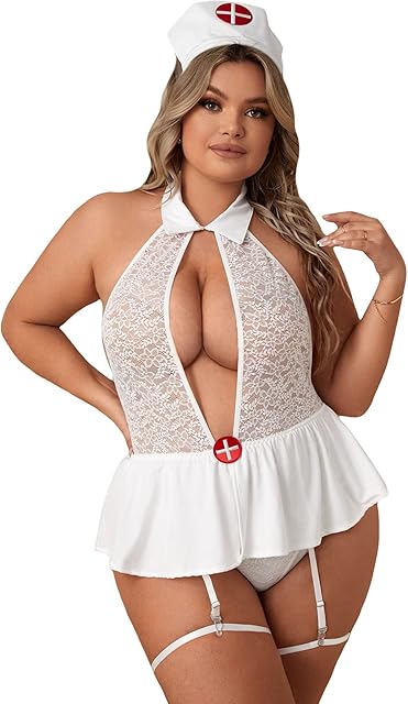 Women's Plus Size Nurse Costume Lace Garter Teddy Bodysuit and Skirt Lingerie Set