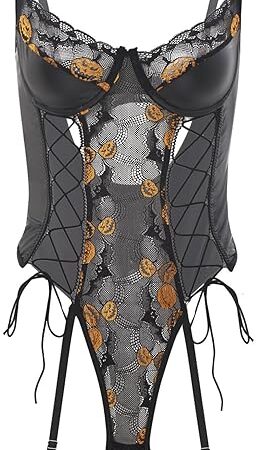 Womens Faux Leather Lingerie Pumpkin Bat Pattern Lace Teddy Bodysuit Sexy Corset With Garter Belt