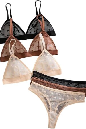 Women's 3 Pack Mesh Bra and Panty Set Triangle Bralette and Underwear Cute Lingerie Set
