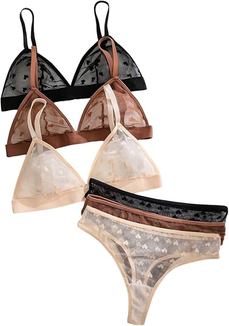 Women's 3 Pack Mesh Bra and Panty Set Triangle Bralette and Underwear Cute Lingerie Set