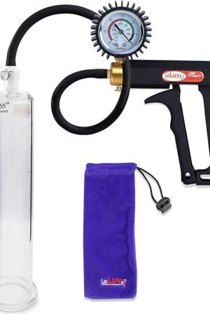 LeLuv Maxi Premium Penis Pump with Protected Gauge | Black Handle & Uncollapsable Silicone Hose | 9" x 1.65" Cylinder