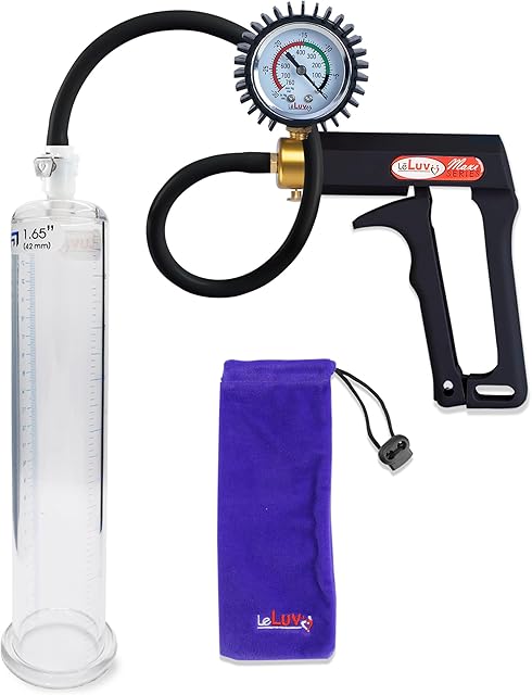 LeLuv Maxi Premium Penis Pump with Protected Gauge | Black Handle & Uncollapsable Silicone Hose | 9" x 1.65" Cylinder