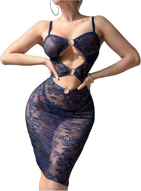 Women's 2 Piece Floral Lace Ring Design Bodydoll Dress Nightgown Tongs Lingerie Set