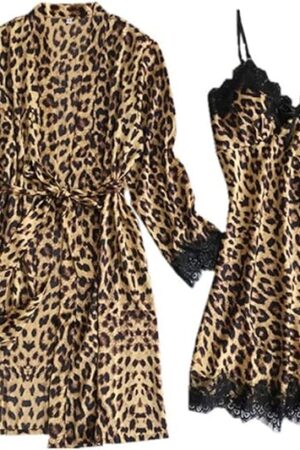 Womens Satin Silk Leopard Lingerie Sets Sexy Lace Cami Dress with Robes 2 Piece Slutty Sleepwear Bathrobe Nightdress