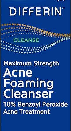 Differin Acne Face Wash with 10% Benzoyl Peroxide, Maximum Strength OTC Acne Foaming Cleanser, Fast Acting Acne Treatment for Face and Body, 5 oz