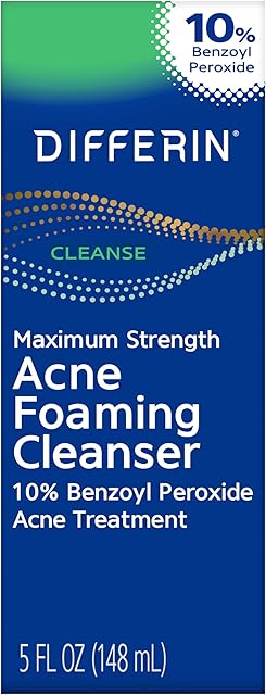 Differin Acne Face Wash with 10% Benzoyl Peroxide, Maximum Strength OTC Acne Foaming Cleanser, Fast Acting Acne Treatment for Face and Body, 5 oz