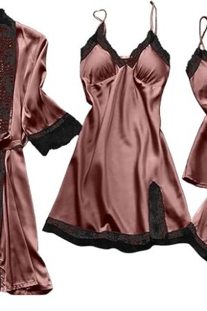 4Pcs Womens Satin Silky Pajama Sets Sexy Lingerie Lace Cami Set Soft PJ Loungewear Robe Sleepshirts Shorts Nightgowns