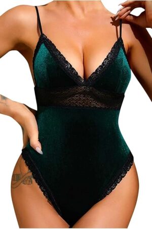 Women's Velvet Lingerie Lace Trim Bodysuit Sexy V-Neck Teddy Babydolls One Piece Jumpsuit Romper Sleepwear