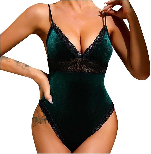 Women's Velvet Lingerie Lace Trim Bodysuit Sexy V-Neck Teddy Babydolls One Piece Jumpsuit Romper Sleepwear