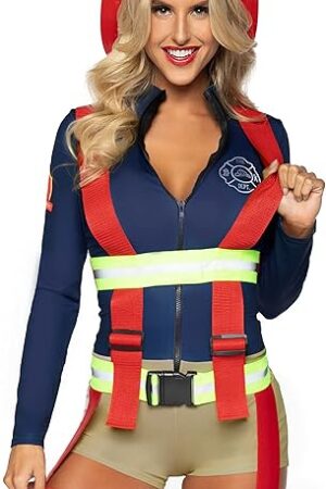 Women's 2 Pc Hot Zone Honey, Includes Zip Up Romper With Patch Accent and Reflective Garter Suspenders