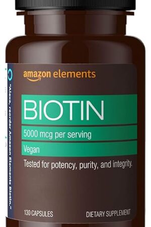Amazon Elements Vegan Biotin 5000 mcg - Hair, Skin, Nails, 130 Capsules (4 month supply) (Packaging may vary)