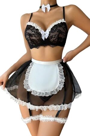 Women's Sexy Lace Maid Costumes With Choker And 1pair Leg Ring Roleplay Lingerie Set
