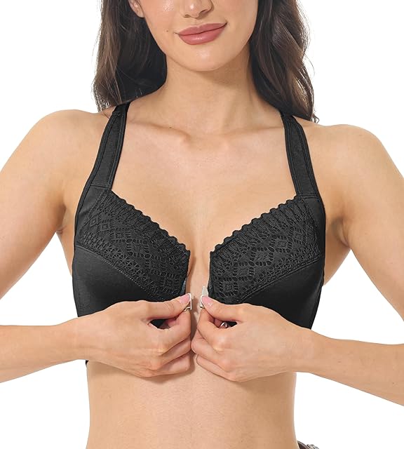 Women's Front Closure Racerback Bra Underwire Full Coverage Unpadded Lace Everyday Bra Plus Size for Large Bust