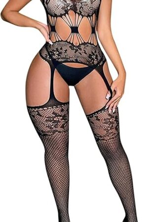 Womens Fishnet Bodystocking Mesh Bodysuit One Piece Jumpsuit Sexy Exotic Lingerie Teddy Nightwear with Garter Belt