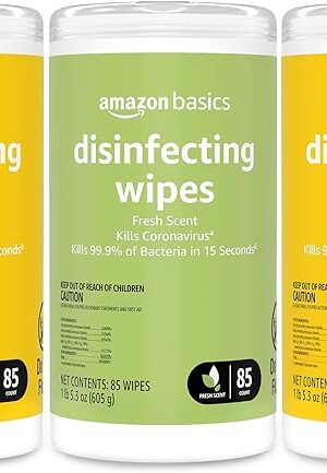 Amazon Basics Wipes, Lemon & Fresh Scent, Sanitizes, Cleans & Deodorizes, 255 Count (3 Packs of 85)