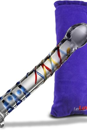 LeLuv Dildo 8" Glass Party Dildo Beaded Tip Swirled Shaft Clear with Premium Padded Pouch