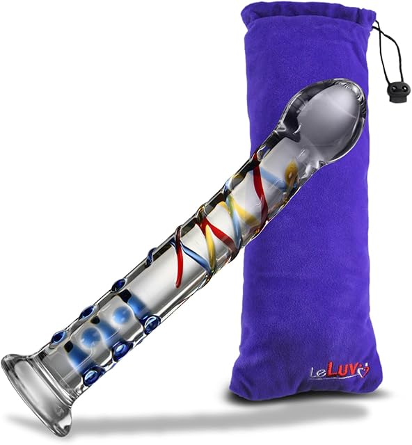 LeLuv Dildo 8" Glass Party Dildo Beaded Tip Swirled Shaft Clear with Premium Padded Pouch