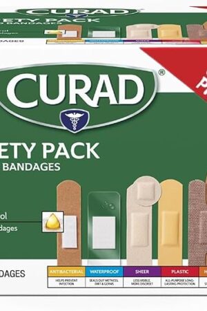 CURAD Assorted Bandages Variety Pack, 300 Count, 6 Styles Including Antibacterial, Waterproof, Sheer, Plastic, Heavy Duty & Flex-Fabric, Protects Scrapes, Cuts & Burns, Latex-Free