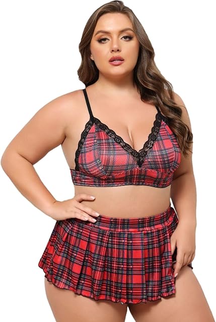 Women Plus Size Lingerie Schoolgirl Outfit Sexy Roleplay Student Lingerie Set 2 Piece Plaid Bra and Mini Skirt