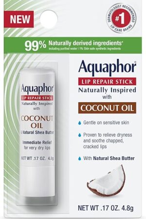 Aquaphor Naturally Inspired Lip Repair Stick with Coconut Oil and Natural Shea Butter, Hydrating Lip Balm Immediately Relieves Dryness, 017 Oz Stick