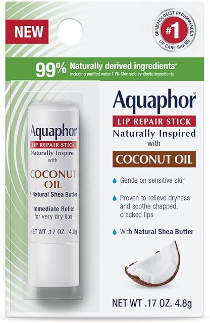 Aquaphor Naturally Inspired Lip Repair Stick with Coconut Oil and Natural Shea Butter, Hydrating Lip Balm Immediately Relieves Dryness, 017 Oz Stick