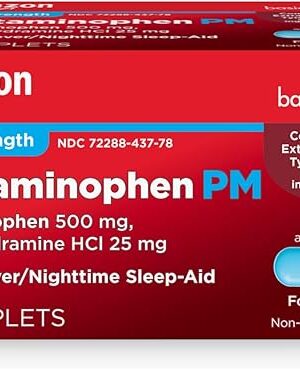 Amazon Basic Care Acetaminophen PM Caplets, Pain Reliever Plus Nighttime Sleep Aid, Extra Strength, Helps Occasional Minor Aches, Pains and Headache Relief, 100 Count, Packaging may vary