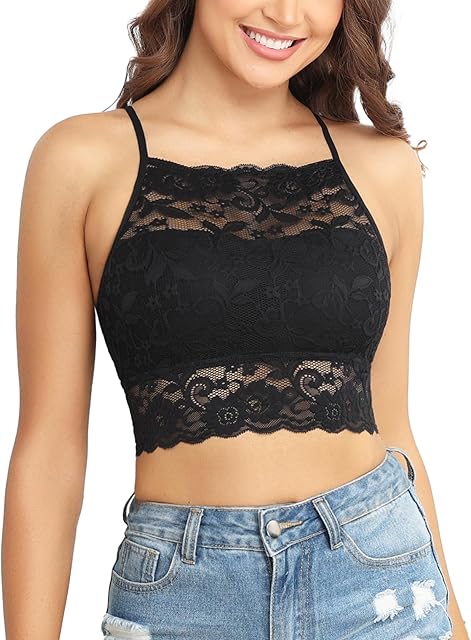 Women's Floral Lace High-Neck Bralette for Racerback Crop Top Bra