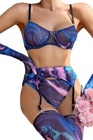 Women Garter Belt And Thigh Highs Set Mesh Starry Graphic Print Rave Outfits Bikini Sexy Lingerie Bra And Panty