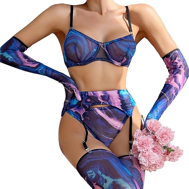 Women Garter Belt And Thigh Highs Set Mesh Starry Graphic Print Rave Outfits Bikini Sexy Lingerie Bra And Panty