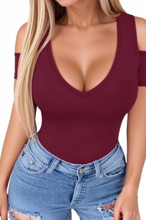 Women Tops Summer Deep V Neck Short Sleeve Cold Shoulder Slim Fit Casual Sexy Tees T-Shirts